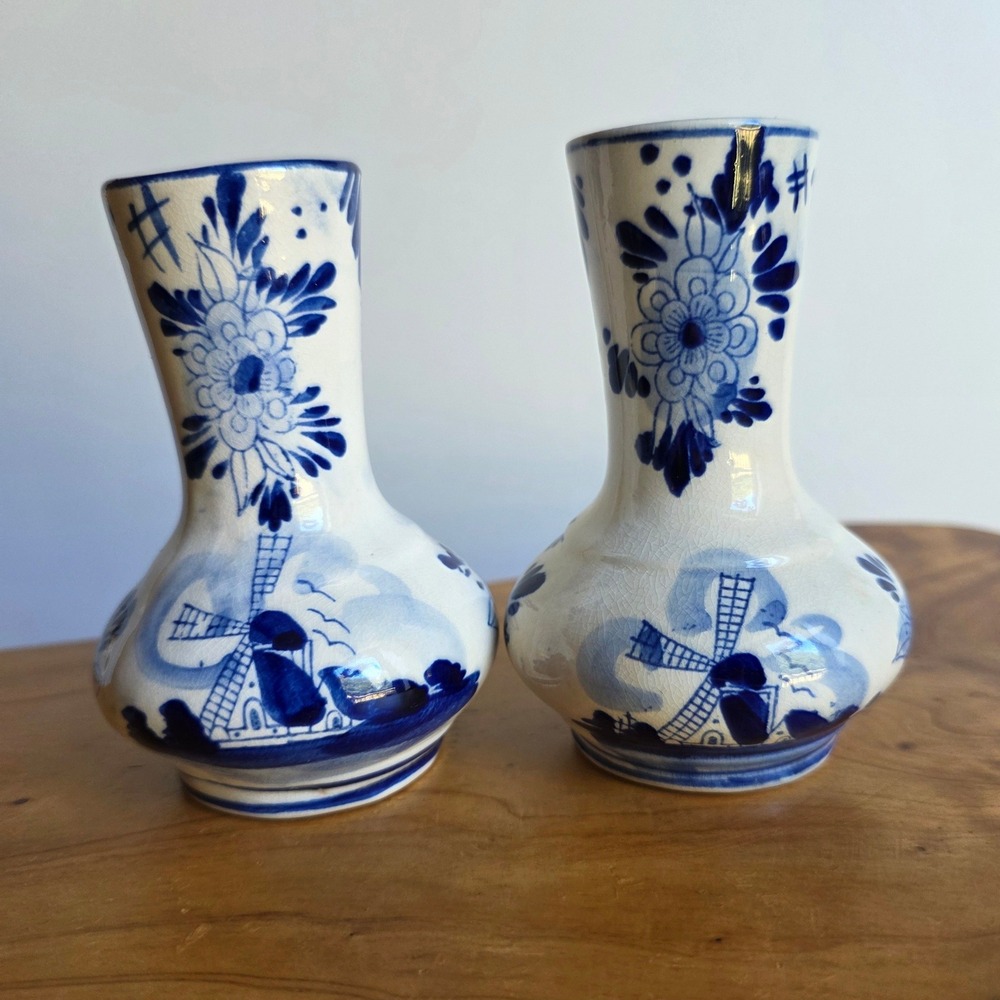 Delft Deco Holland Hand Painted Blue White Windmill Bud Vases Set of 2